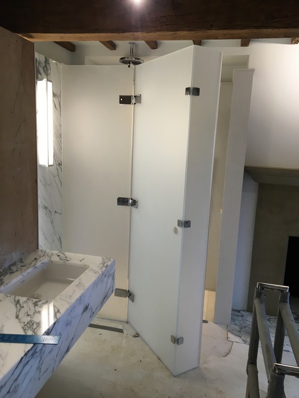 Bespoke frosted glass shower enclosure in Brent Cross luxury bathroom